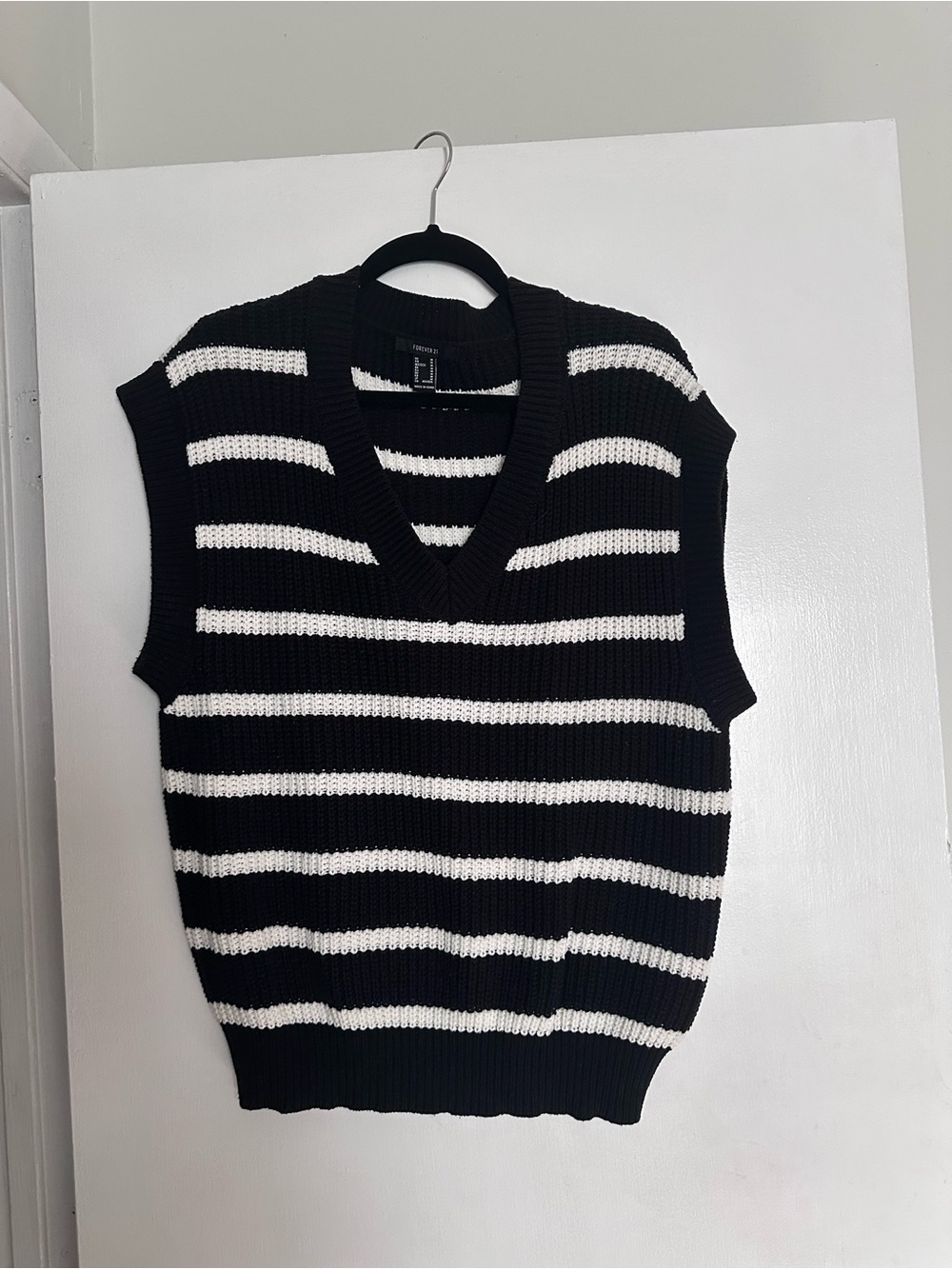 Black and White Striped Knit V-Neck Vest